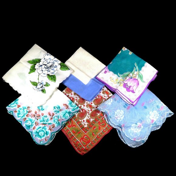 Mid-Century Printed Hankies (Lot of 6) Vintage Florals, Paisley & Bluebird JRB - Picture 1 of 9